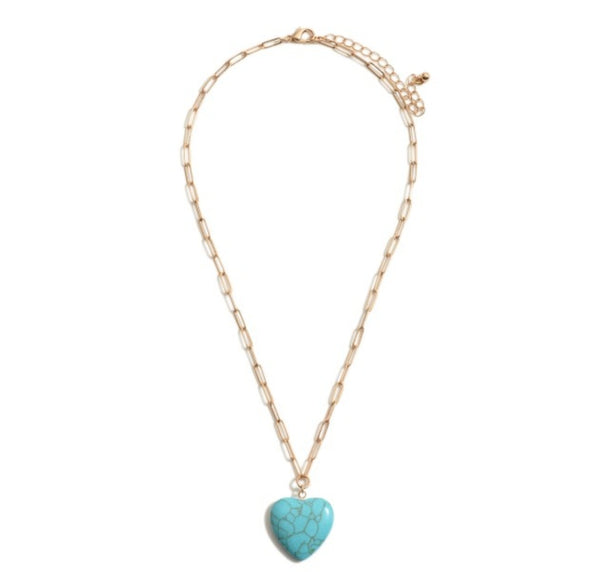 Gold Tone Chain Link Necklace Featuring Natural Stone Heart Pendant.