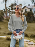 Swiss Dot V-Neck Long Sleeve Blouse