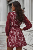 Pompom Trim Puff Sleeve Belted Lace Dress