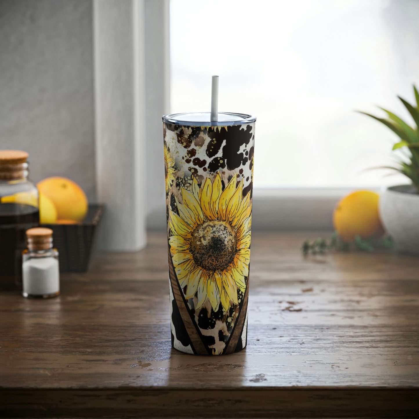 Sunflowers Cow Print Skinny Steel Tumbler with Straw, 20oz