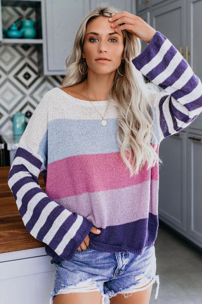 Color Block Boat Neck Dropped Shoulder Sweater