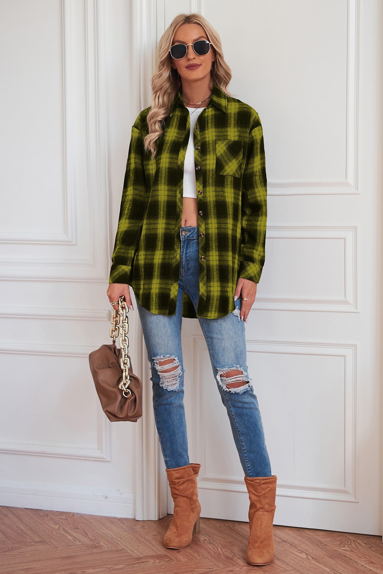Plaid Curved Hem Longline Shirt