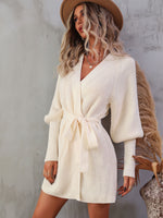 Belted Surplice Lantern Sleeve Wrap Sweater Dress