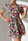 Floral Buttoned Cutout Puff Sleeve Dress