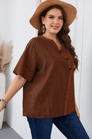 Plus Size Striped Notched Neck Half Sleeve Top