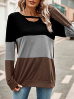 Color Block Cutout Round Neck Long Sleeve T-Shirt