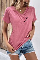 Decorative Button V-Neck Short Sleeve Tee