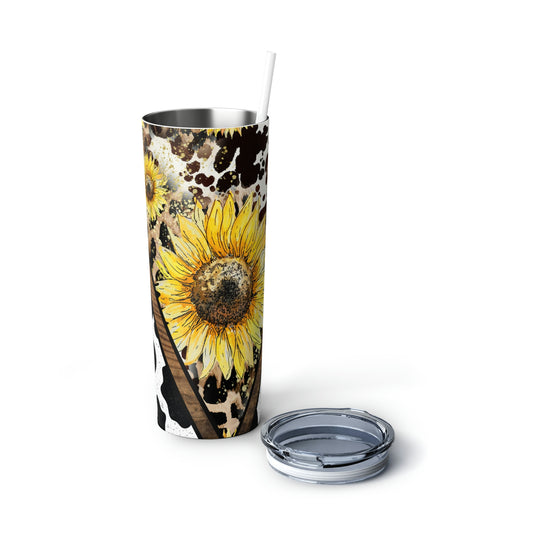 Sunflowers Cow Print Skinny Steel Tumbler with Straw, 20oz