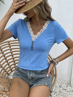 Lace Trim V-Neck Short Sleeve Blouse