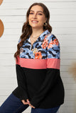Plus Size Floral Color Block Quarter Zip Pullover
