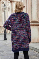 Multicolored Ribbed Trim Open Front Cardigan with Pockets