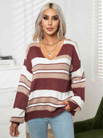 Striped V-Neck Long Sleeve Knit Top