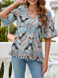 Printed Flounce Sleeve Ruffle Hem Blouse