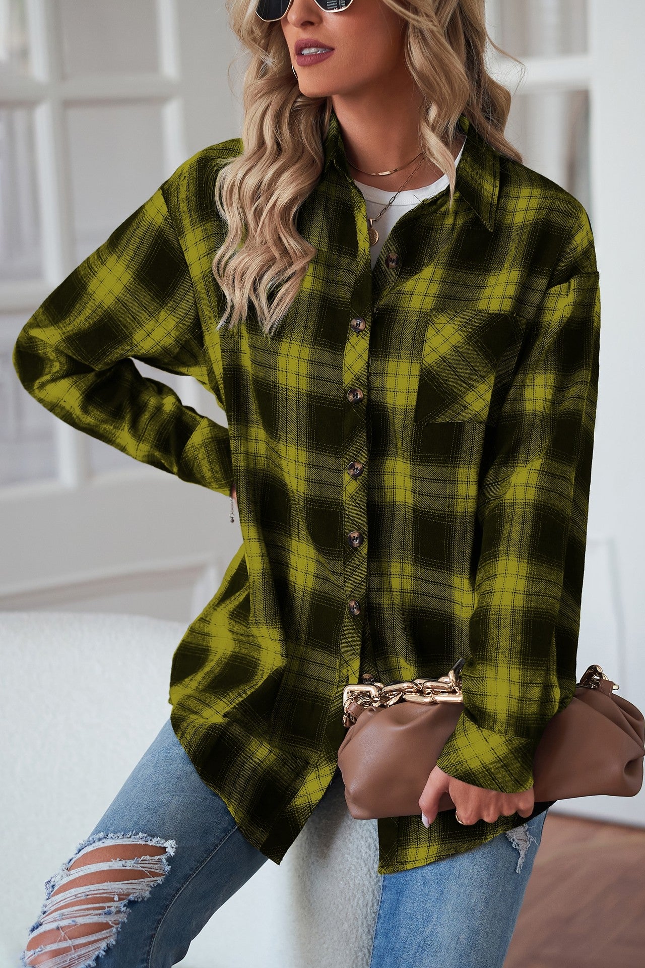 Plaid Curved Hem Longline Shirt