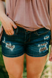 Dark Blue Leopard  Patched Ripped Denim Shorts