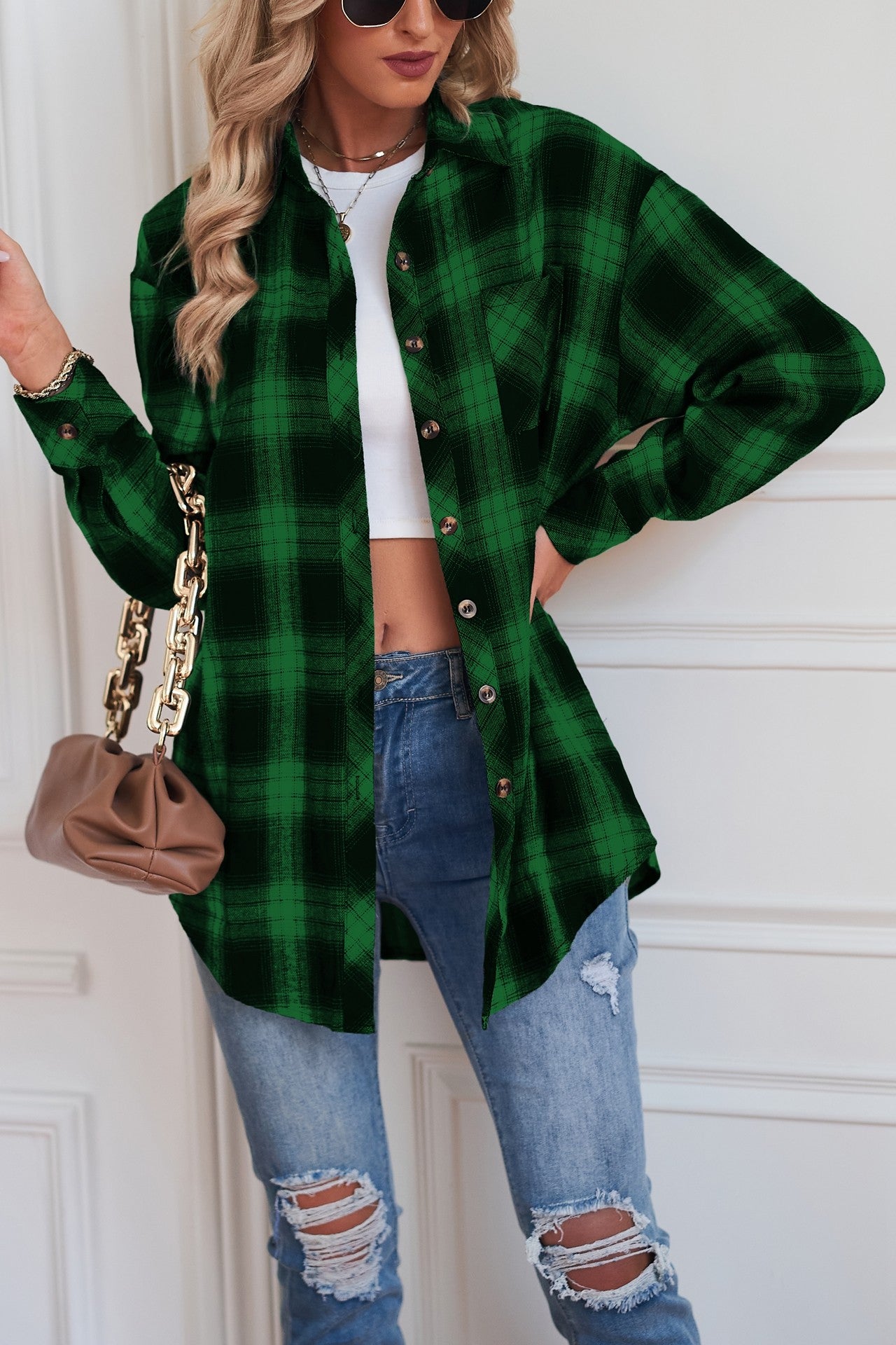 Plaid Curved Hem Longline Shirt