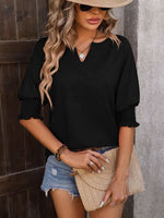 Heathered Notched Lantern Sleeve Blouse