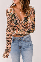 Baroque Print Surplice Long Sleeve Top