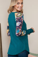 Solid Floral Contrast Long Sleeve Top
