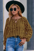 Plaid Tie Neck Balloon Sleeve Blouse