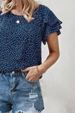 Ruffled Polka Dot Round Neck Short Sleeve Blouse