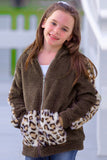 Leopard Print Splicing Faux Fleece Pocket Girl's Jacket