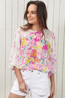 Floral Round Neck Flounce Sleeve Blouse