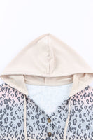 Leopard Color Block Buttoned Drawstring Detail Hoodie